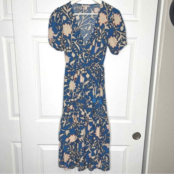 Knox Rose Floral Midi Dress Blue Tan Tiered Ruffle Short Sleeve XS - Picture 2 of 10